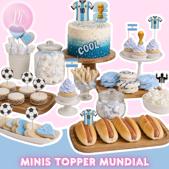 BANNERS TIENDA (1) Cake topper + mini toppers mundial celeste imprimibles