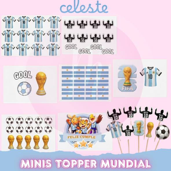 BANNERS TIENDA (2) Cake topper + mini toppers mundial celeste imprimibles